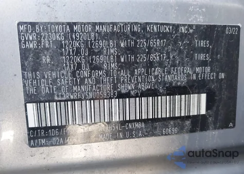 2022 Toyota Rav4 Hybrid Xle из США, поврежденный, VIN 4T3RWRFV5NU059383